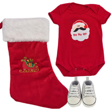 Load image into Gallery viewer, Romper & Embroidered Christmas Stocking & Canvas Sequenced Baby Shoes- 3 Piece Personalised Christmas Gift Set