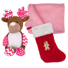 Load image into Gallery viewer, Cotton Knitted Blanket, Personalised Embroidered Christmas Stocking & Personalised "Pinkie" Patchwork Reindeer - 3 Piece Personalised Christmas Gift Set