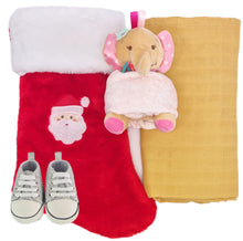 Load image into Gallery viewer, Embroidered Stocking, Personalised Bamboo Muslin, Personalised Elephant Comforter & Sequenced/glitter Canvas Baby Shoes- 4 Piece Personalised Christmas Gift Set