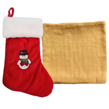 Load image into Gallery viewer, Frosty Snowman Plush, Personalised Bamboo Muslin, Personalised Christmas Stocking & Cotton Socks- 4 Piece Personalised Christmas Gift Set