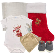 Load image into Gallery viewer, Romper, Stocking, Personalised Bamboo Muslin, Personalised Bunny Comforter & Canvas Baby Shoes- 5 Piece Personalised Christmas Gift Set