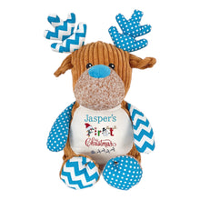 Load image into Gallery viewer, Cotton Blanket, Personalised Blue Reindeer Plush, Personalised Christmas Embroidered Stocking & Baby Shoes- 4 Piece Personalised Christmas Gift Set