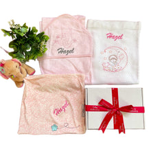 Load image into Gallery viewer, Personalised Bamboo Hooded Towel, Waffle Blanket & Elephant Comforter - 3 Piece Personalised Gift Set