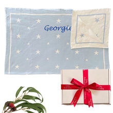 Load image into Gallery viewer, Personalised Baby Blue Cotton Knitted Reversible Star Blanket
