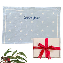 Load image into Gallery viewer, Personalised Baby Blue Cotton Knitted Reversible Star Blanket
