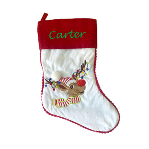 Personalised Plush White Reindeer Embroidered & Applique Christmas Stocking