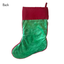 Load image into Gallery viewer, Personalised Plush Green with Red Cuffed Embroidered &amp; Reindeer Applique Christmas Stocking
