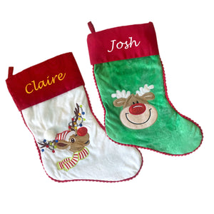 Personalised Plush White Reindeer Embroidered & Applique Christmas Stocking