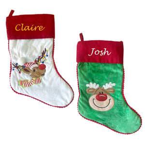 Personalised Plush Green with Red Cuffed Embroidered & Reindeer Applique Christmas Stocking