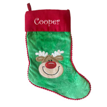 Load image into Gallery viewer, Personalised Plush Green with Red Cuffed Embroidered &amp; Reindeer Applique Christmas Stocking
