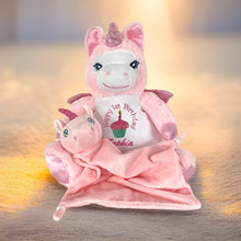 Load image into Gallery viewer, Pink &quot;Calypso&quot; Unicorn &amp; Pink Unicorn Snuggle Comforter - 2 Piece Personalised Gift Set
