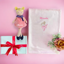 Load image into Gallery viewer, Personalised Embroidered Pink Bamboo Blanket &amp; Personalised Luna Rag Doll - 2 Piece Personalised Gift Set
