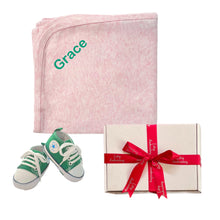 Load image into Gallery viewer, Personalised Pink Cotton Pink Wrap &amp; Canvas Baby Shoes - 2 Piece Personalised Gift Set
