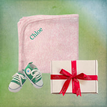 Load image into Gallery viewer, Personalised Pink Cotton Pink Wrap &amp; Canvas Baby Shoes - 2 Piece Personalised Gift Set
