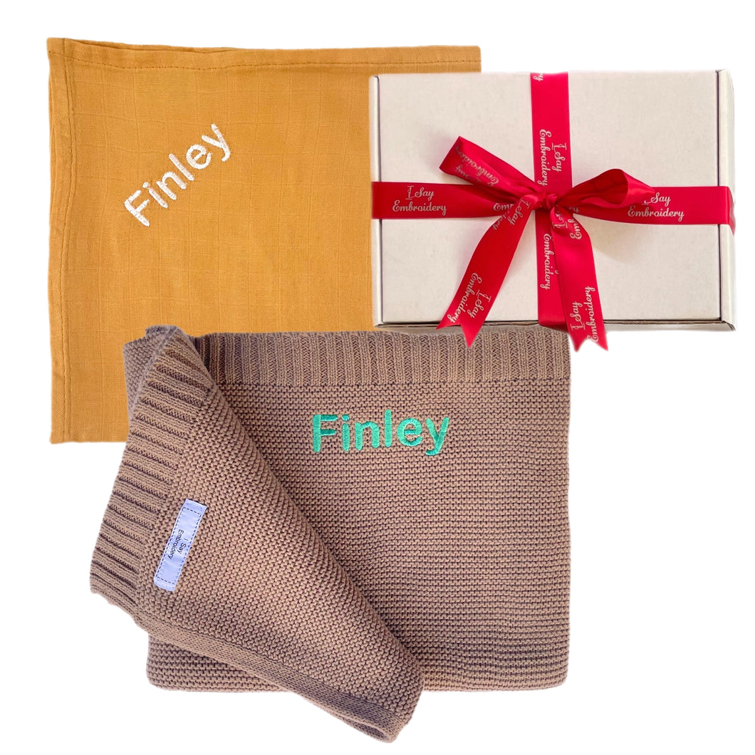 Cotton Blanket & Bamboo Muslin - 2 Piece Personalised Gift Set