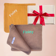 Load image into Gallery viewer, Cotton Blanket &amp; Bamboo Muslin - 2 Piece Personalised Gift Set
