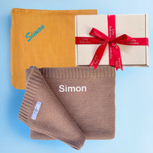 Load image into Gallery viewer, Cotton Blanket &amp; Bamboo Muslin - 2 Piece Personalised Gift Set
