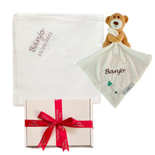 Load image into Gallery viewer, Bamboo Muslin &amp; Personalised Banjo Bear Comforter Baby Unisex - 2 Piece Personalised Gift Set
