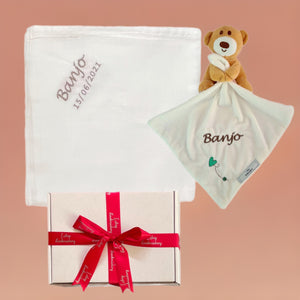 Bamboo Muslin & Personalised Banjo Bear Comforter Baby Unisex - 2 Piece Personalised Gift Set