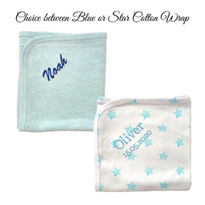 100% Cotton Embroidered Hooded Towel & Personalised Cotton Wrap Baby Boys - 2 Piece Personalised Gift Set