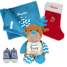 Load image into Gallery viewer, Cotton Blanket, Personalised Blue Reindeer Plush, Personalised Christmas Embroidered Stocking &amp; Baby Shoes- 4 Piece Personalised Christmas Gift Set
