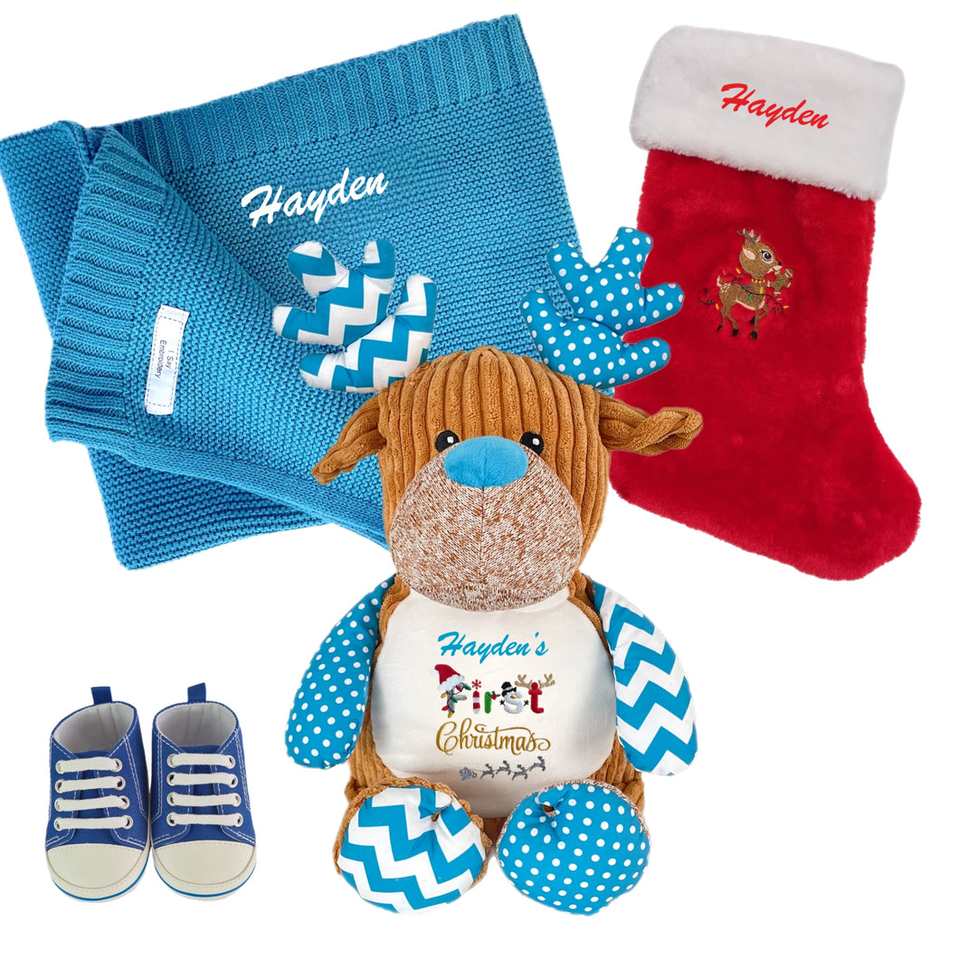 Cotton Blanket, Personalised Blue Reindeer Plush, Personalised Christmas Embroidered Stocking & Baby Shoes- 4 Piece Personalised Christmas Gift Set