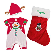 Load image into Gallery viewer, Snowman Romper with Hat &amp; Personalised Christmas Stocking- 3 Piece Personalised Christmas Gift Set
