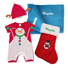 Load image into Gallery viewer, Cotton Blanket, Embroidered Christmas Stocking &amp; Personalised Snowman Outfit- 4 Piece Personalised Christmas Gift Set
