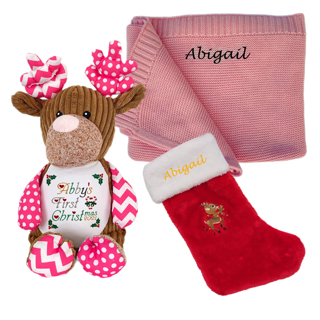 Cotton Knitted Blanket, Personalised Embroidered Christmas Stocking & Personalised 