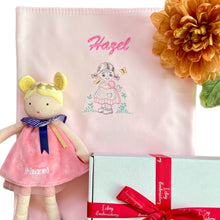 Load image into Gallery viewer, Personalised Embroidered Pink Bamboo Blanket &amp; Personalised Luna Rag Doll - 2 Piece Personalised Gift Set
