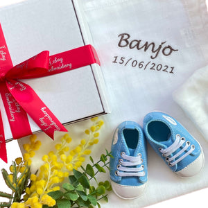 Bear Comforter, Bamboo Muslin & Unisex Shoes - 3 Piece Personalised Gift Set