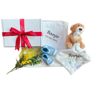 Bear Comforter, Bamboo Muslin & Unisex Shoes - 3 Piece Personalised Gift Set