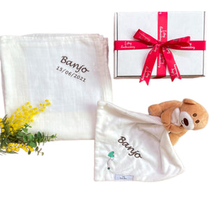 Bear Comforter, Bamboo Muslin & Unisex Shoes - 3 Piece Personalised Gift Set