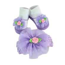 Load image into Gallery viewer, Baby Girls Headband &amp; Sock Gift Bundle- Lavender &amp; Rose
