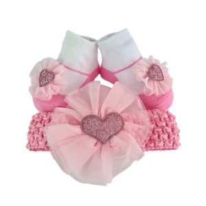 Baby Girls Headband & Sock Gift Bundle- Pink Tulle & Heart