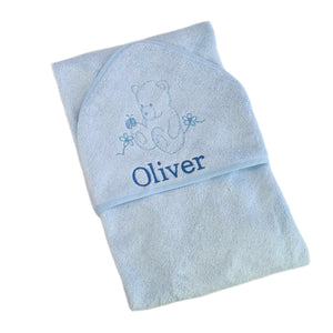 Personalised Blue Bamboo Hooded Towel, White Waffle Blanket & Elephant Comforter - 3 Piece Personalised Gift Set