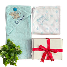 Load image into Gallery viewer, 100% Cotton Embroidered Hooded Towel &amp; Personalised Cotton Wrap Baby Boys - 2 Piece Personalised Gift Set
