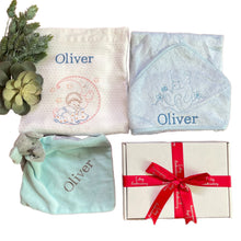 Load image into Gallery viewer, Personalised Blue Bamboo Hooded Towel, White Waffle Blanket &amp; Elephant Comforter - 3 Piece Personalised Gift Set
