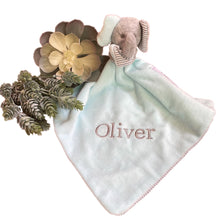 Load image into Gallery viewer, Personalised Blue Bamboo Hooded Towel, White Waffle Blanket &amp; Elephant Comforter - 3 Piece Personalised Gift Set
