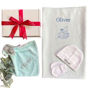 Blue Bamboo Embroidered Blanket, Personalised Cotton Beanie Set & Personalised Elf Elephant Comforter - 3 Piece Personalised Gift Set