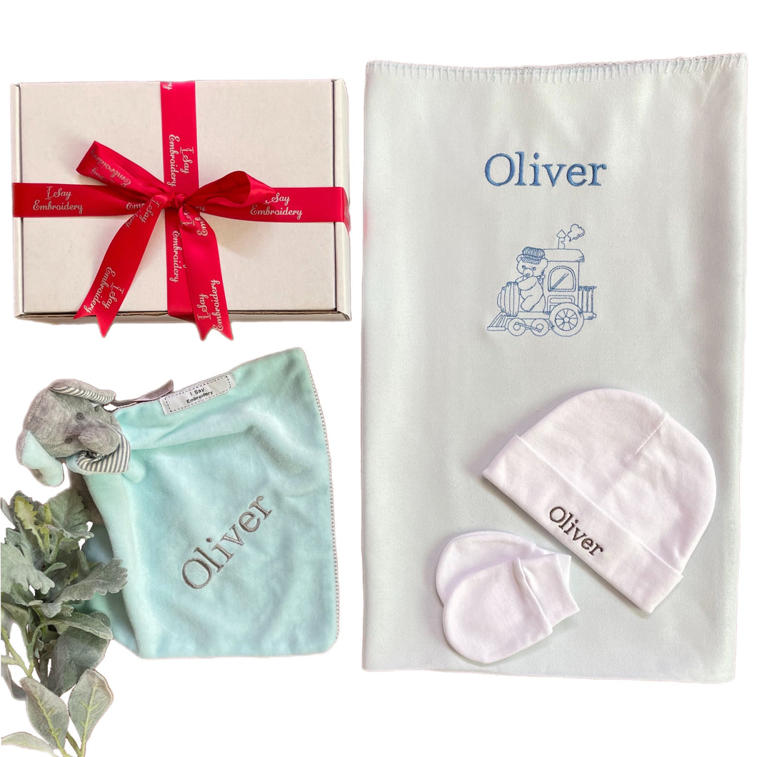 Blue Bamboo Embroidered Blanket, Personalised Cotton Beanie Set & Personalised Elf Elephant Comforter - 3 Piece Personalised Gift Set