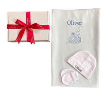 Load image into Gallery viewer, Blue Bamboo Embroidered Blanket &amp; Personalised 100% White Cotton Baby Beanie &amp; Anti-Scratch Mitten Set - 2 Piece Personalised Gift Set
