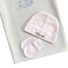 Load image into Gallery viewer, Blue Bamboo Embroidered Blanket &amp; Personalised 100% White Cotton Baby Beanie &amp; Anti-Scratch Mitten Set - 2 Piece Personalised Gift Set
