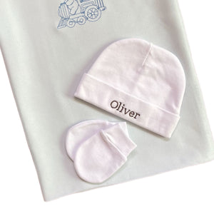 Blue Bamboo Embroidered Blanket & Personalised 100% White Cotton Baby Beanie & Anti-Scratch Mitten Set - 2 Piece Personalised Gift Set