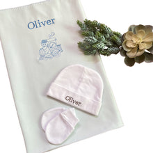 Load image into Gallery viewer, Blue Bamboo Embroidered Blanket &amp; Personalised 100% White Cotton Baby Beanie &amp; Anti-Scratch Mitten Set - 2 Piece Personalised Gift Set
