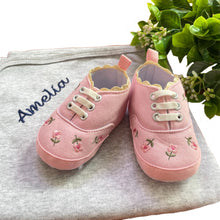 Load image into Gallery viewer, Personalised 100% Cotton Grey Wrap &amp; Canvas Embroidered Baby Girls Shoes - 2 Piece Personalised Baby Girls Gift Set
