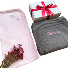 Load image into Gallery viewer, Grey Egyptian Cotton Blanket &amp; Pink Cotton Wrap  - 2 Piece Personalised Gift Set
