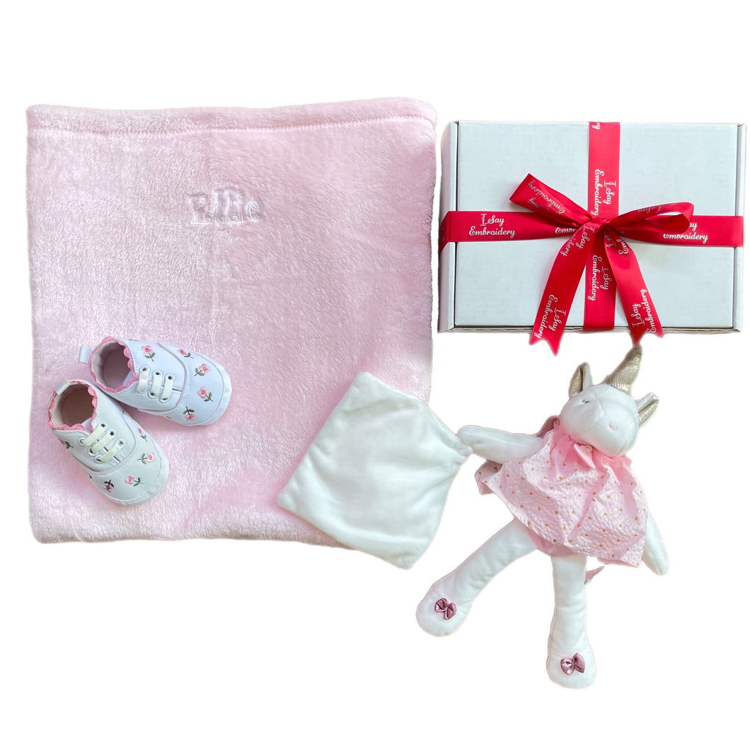 Pink Fleece Blanket, Personalised Unicorn Doll & Embroidered Canvas Baby Shoes  - 3 Piece Personalised Gift Set