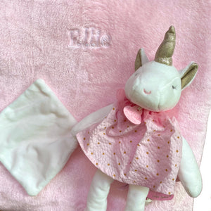 Pink Fleece Blanket, Personalised Unicorn Doll & Embroidered Canvas Baby Shoes  - 3 Piece Personalised Gift Set