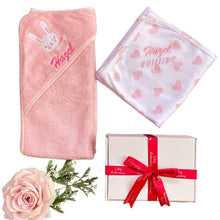 Load image into Gallery viewer, Cotton Embroidered Hooded Towel &amp; Personalised Cotton Wrap - 2 Piece Personalised Gift Set
